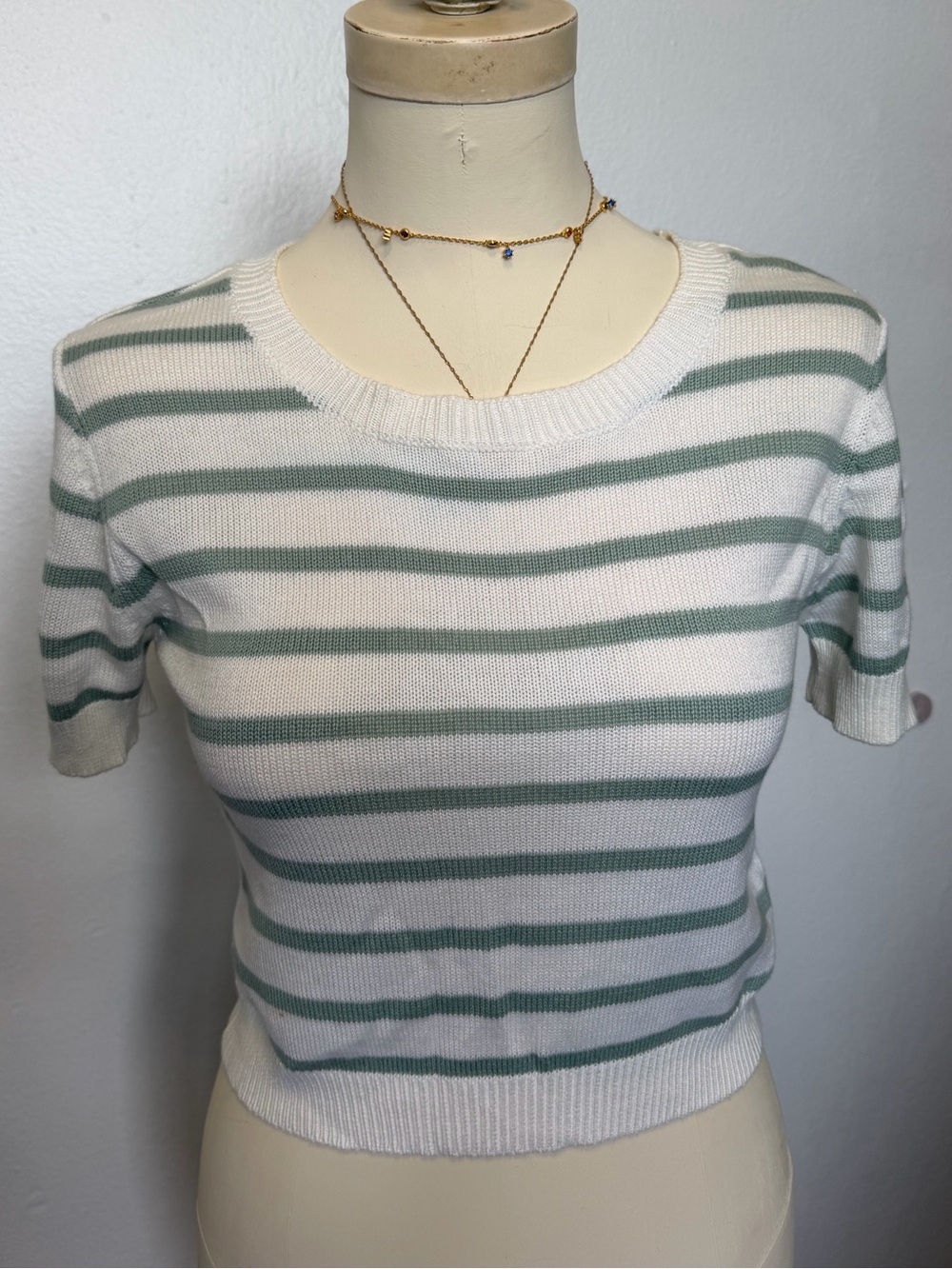 Forever 21 White & Sage Green Striped Crop Top sweater